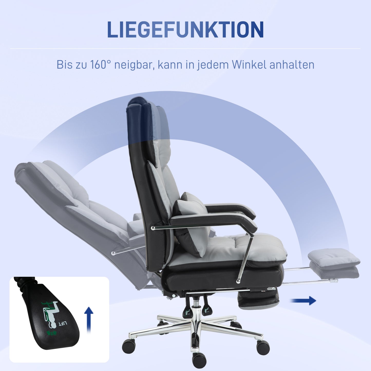HOMCOM Bürostuhl, ergonomisch, verstellbar, 63x71x123-129cm, Hellgrau/Schwarz