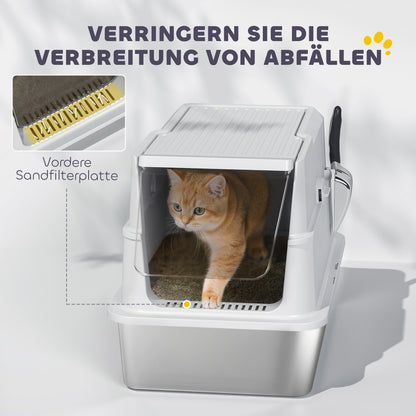 PawHut Katzentoilette, Edelstahl, XL-Innenraum, mit Schaufel, Hellgrau