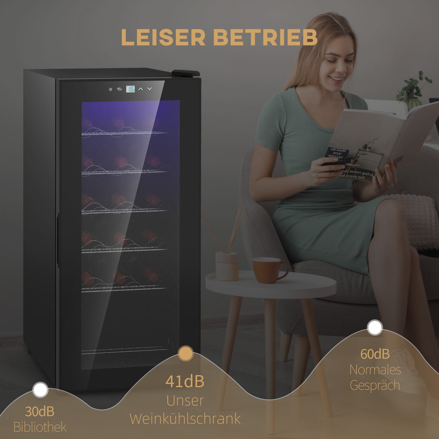 HOMCOM Weinkühlschrank, leise, 5-18°C, Touchscreen, Beleuchtung, 34,5x45x78cm, Schwarz