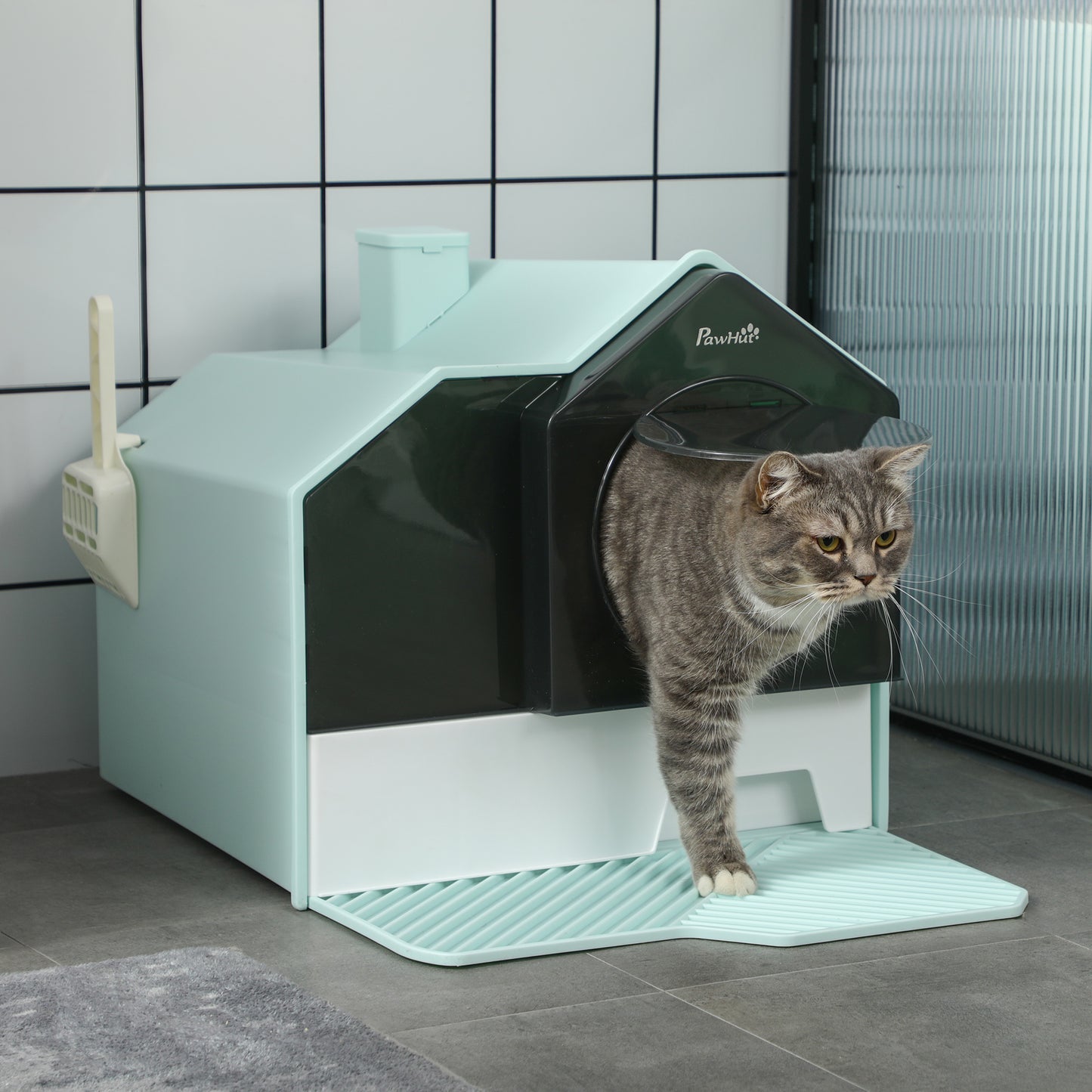 PawHut Katzentoilette Katzenklo, Hütten-Design, 1 Siebvorleger, 1 Streuschaufel, herausnehmbare Bodenwanne, Grün + Weiß