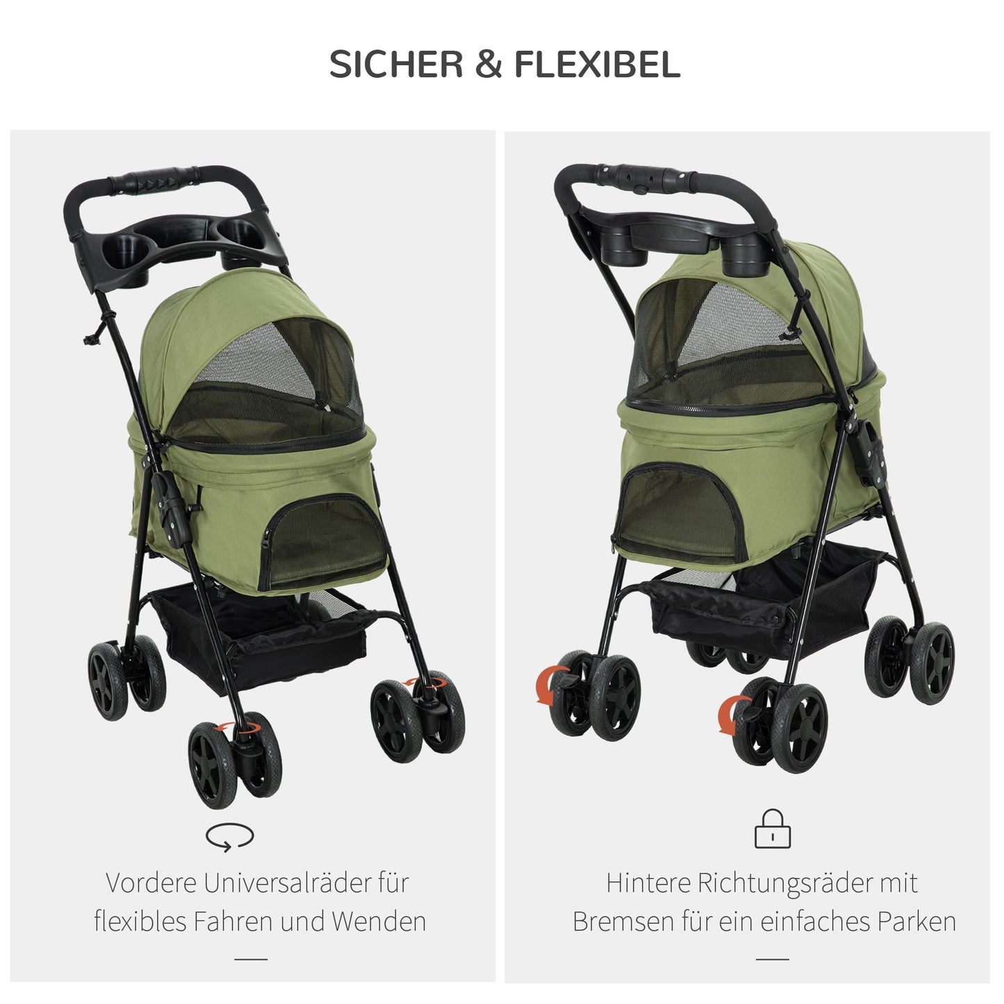 PawHut Hundewagen Hundebuggy, klappbar, 2 Sicherheitsleinen, 2 Becherhalter, 67 x 45 x 96 cm, Khaki