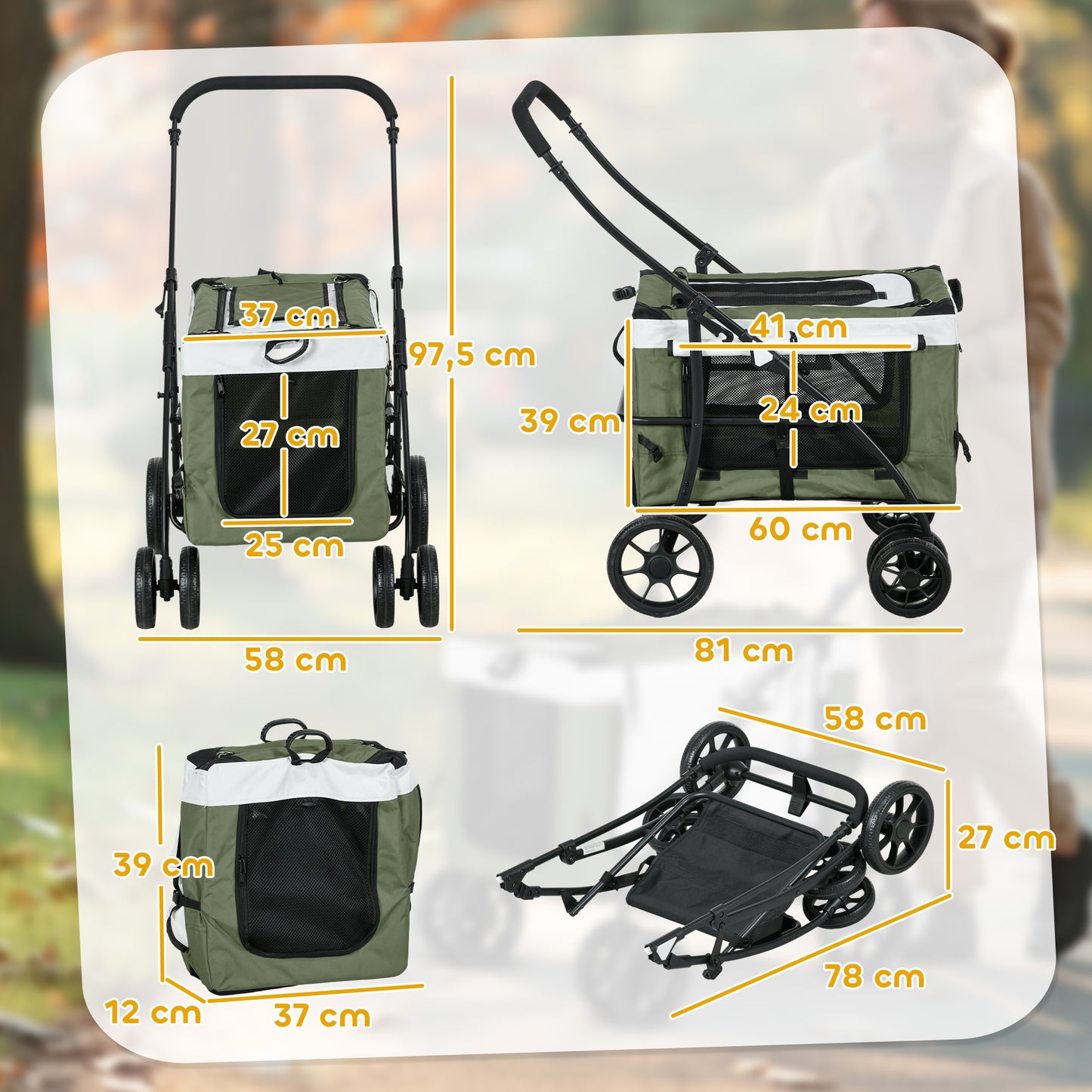 PawHut Hundbuggy Haustierbuggy Hundewagen, klappbar, abnehmbarer Korb, 81 x 58 x 97,5 cm, Schwarz+Dunkelgrün+Weiß