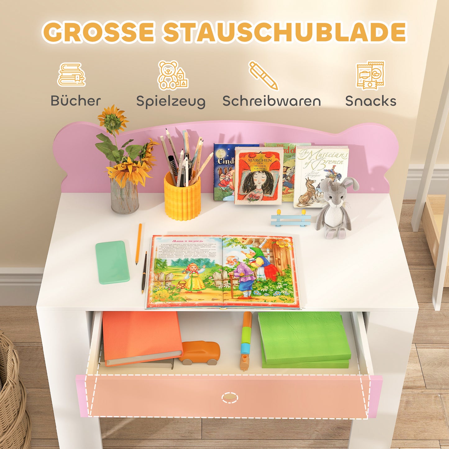 AIYAPLAY Schreibtisch-Set für Kinder, Arbeitstisch und Stuhl mit Bärenform, Schublade, zum Schreiben und Basteln, 3-8 Jahre, Rosa