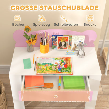 AIYAPLAY Schreibtisch-Set für Kinder, Arbeitstisch und Stuhl mit Bärenform, Schublade, zum Schreiben und Basteln, 3-8 Jahre, Rosa