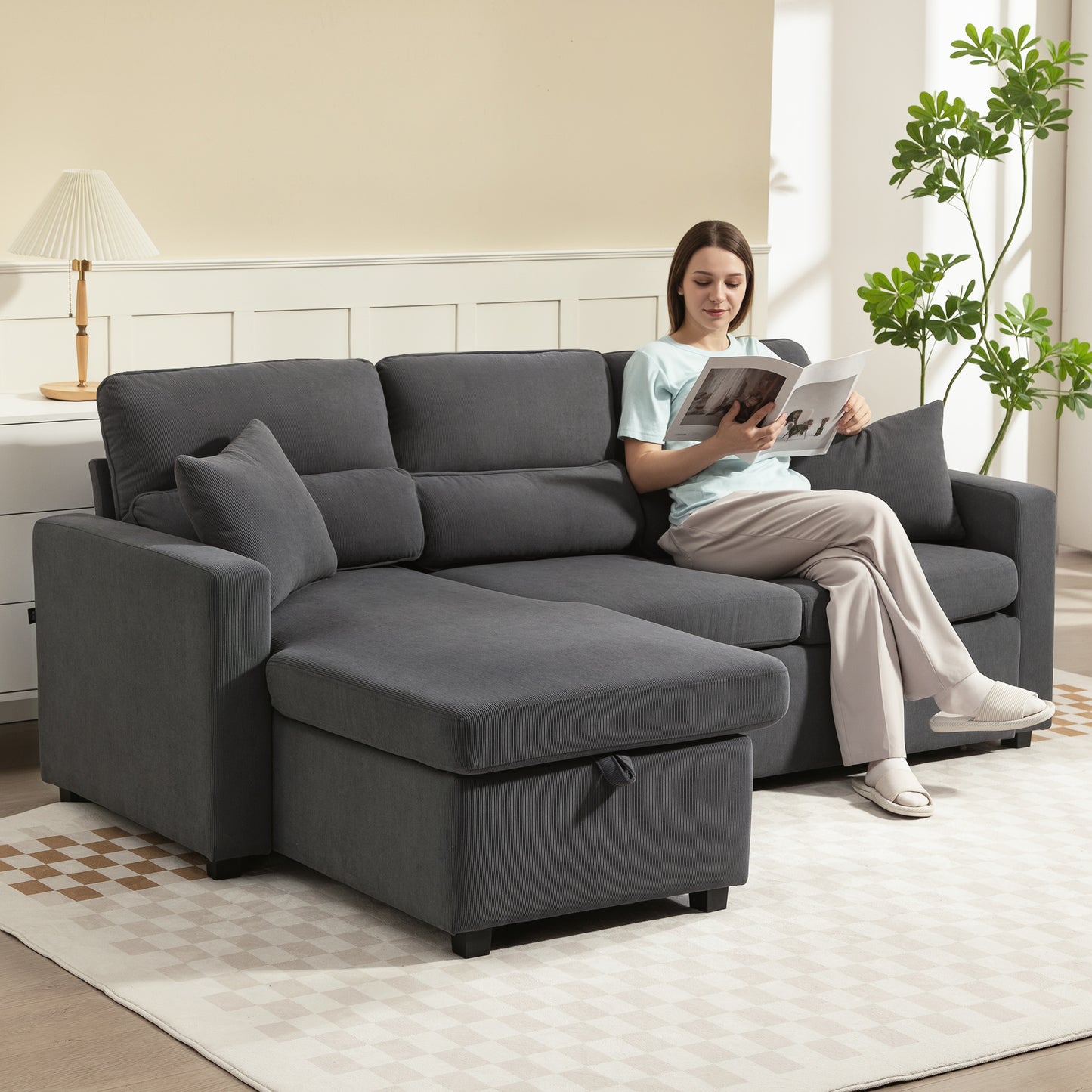 HOMCOM Verstellbares Bettsofa, L-förmiges Gästesofa mit Bettfunktion, Stauraum, Kissen, für Wohnzimmer, Gästezimmer, Dunkelgrau