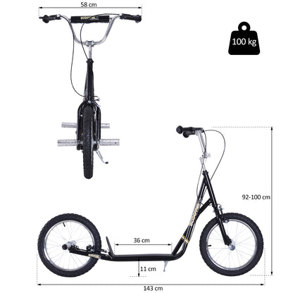 HOMCOM Kinderroller mit Luftreifen Kickscooter Scooter Tretroller Cityroller für Kinder Kickboard 16 Zoll ab 5 Jahre Höhenverstellbar Schwarz 143 x 58 x 92-100 cm