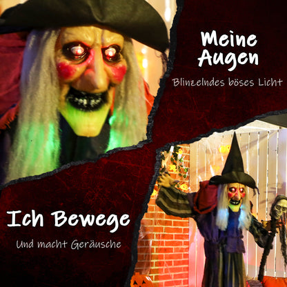 Outsunny 160 cm Halloween Dekoration Halloween Hexe mit LED-Lichter, Soundfunktion verstellbare Arme, Körper