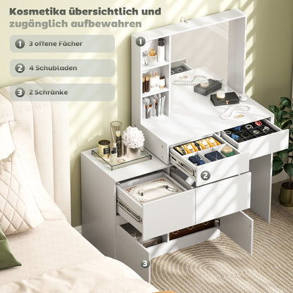 HOMCOM Schminktisch, Make-up-Tisch mit großem Spiegel, 4 Schubladen, 3 offene Fächer, 2 Schränke, MDF, Weiß