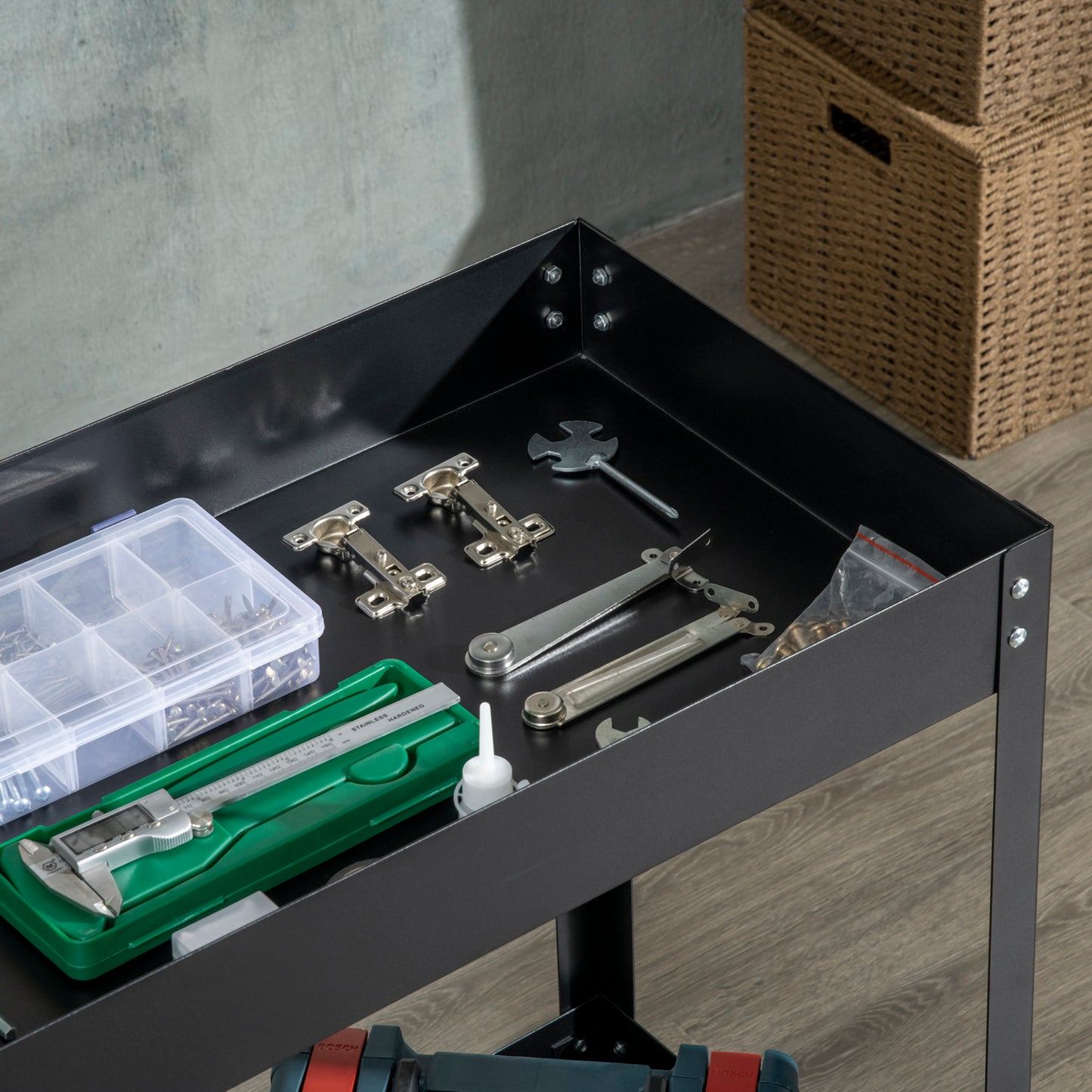 DURHAND Werkstattwagen, 2 Etagen, Schubkarre, 4 Rollen, Stahl, bis 150 kg, 84,5 x 38 x 84 cm, Schwarz