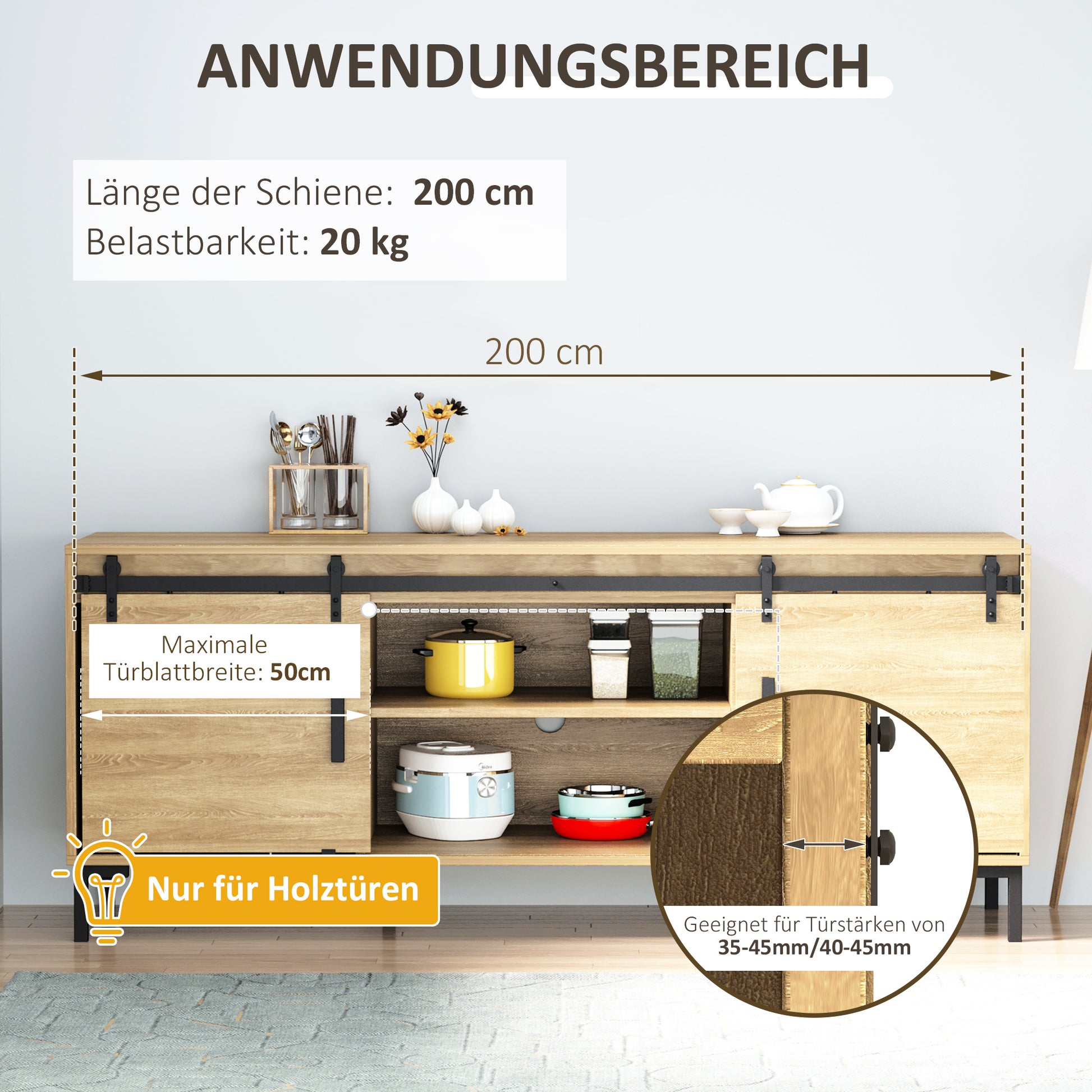 HOMCOM 200 cm Schiebetür Komplettset Schiebetürsystem mit Bodenführung, Schiebetür Laufschiene, Laufrollen Schiebetürbeschlag aus Kohlenstoffstahl für Doppelschiebetür