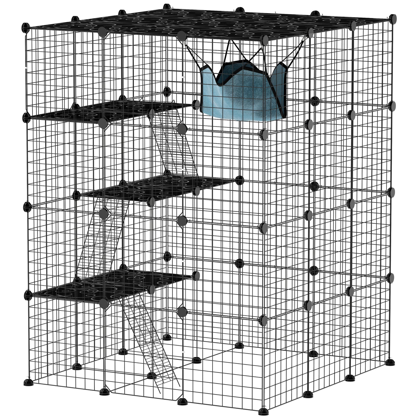 PawHut Katzenkäfig für Drinnen 4-stöckig DIY-Katzengehege mit dichtem Metalldraht Hängematte Rampe Türen Sprungplattformen