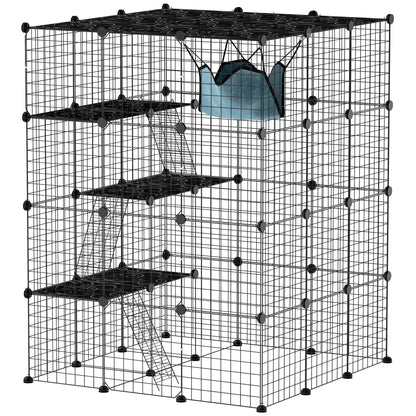PawHut Katzenkäfig für Drinnen 4-stöckig DIY-Katzengehege mit dichtem Metalldraht Hängematte Rampe Türen Sprungplattformen
