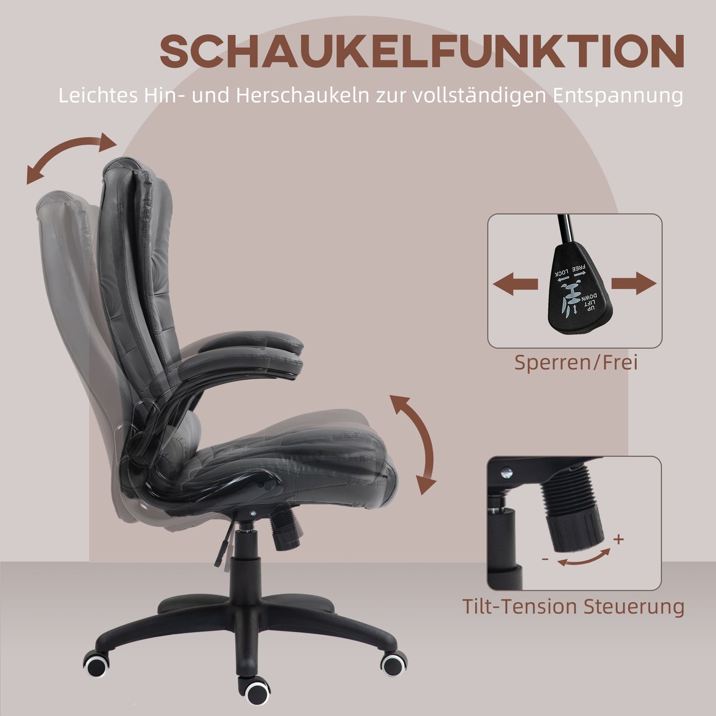 HOMCOM Ergonomischer Bürostuhl, klappbare Armlehnen, Neigefunktion, Dunkelgrau