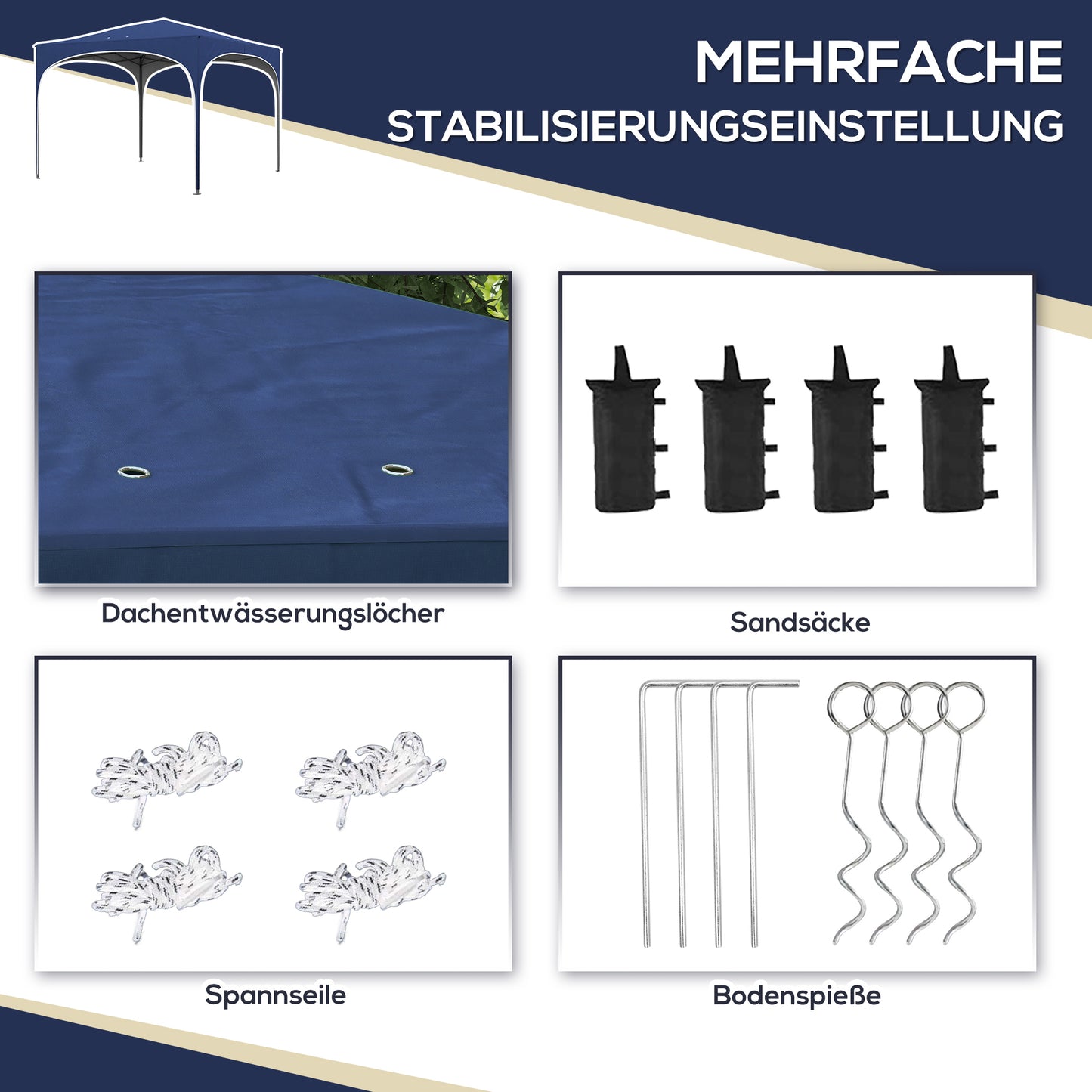 Outsunny Faltpavillon, höhenverstellbar, Metallstützen, robuste Plane, inkl. Tragetasche, 2,95 x 2,95 x 2,55m, Dunkelblau