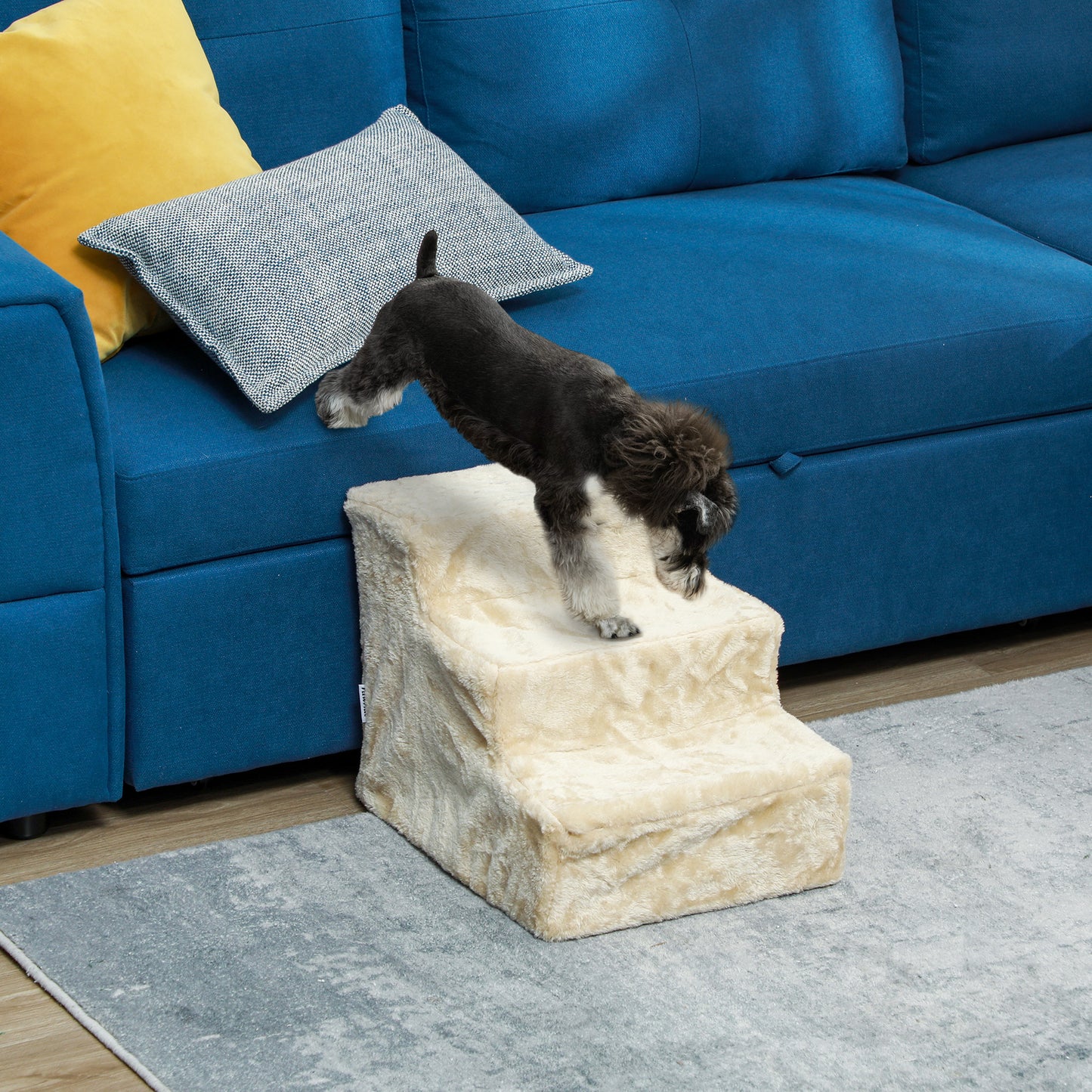 PawHut Faltbare Haustiertreppe, 3 Stufen, waschbarer Plüschbezug, Spanplatte, 46 x 35 x 35 cm, Beige