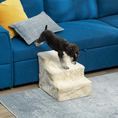 PawHut Faltbare Haustiertreppe, 3 Stufen, waschbarer Plüschbezug, Spanplatte, 46 x 35 x 35 cm, Beige