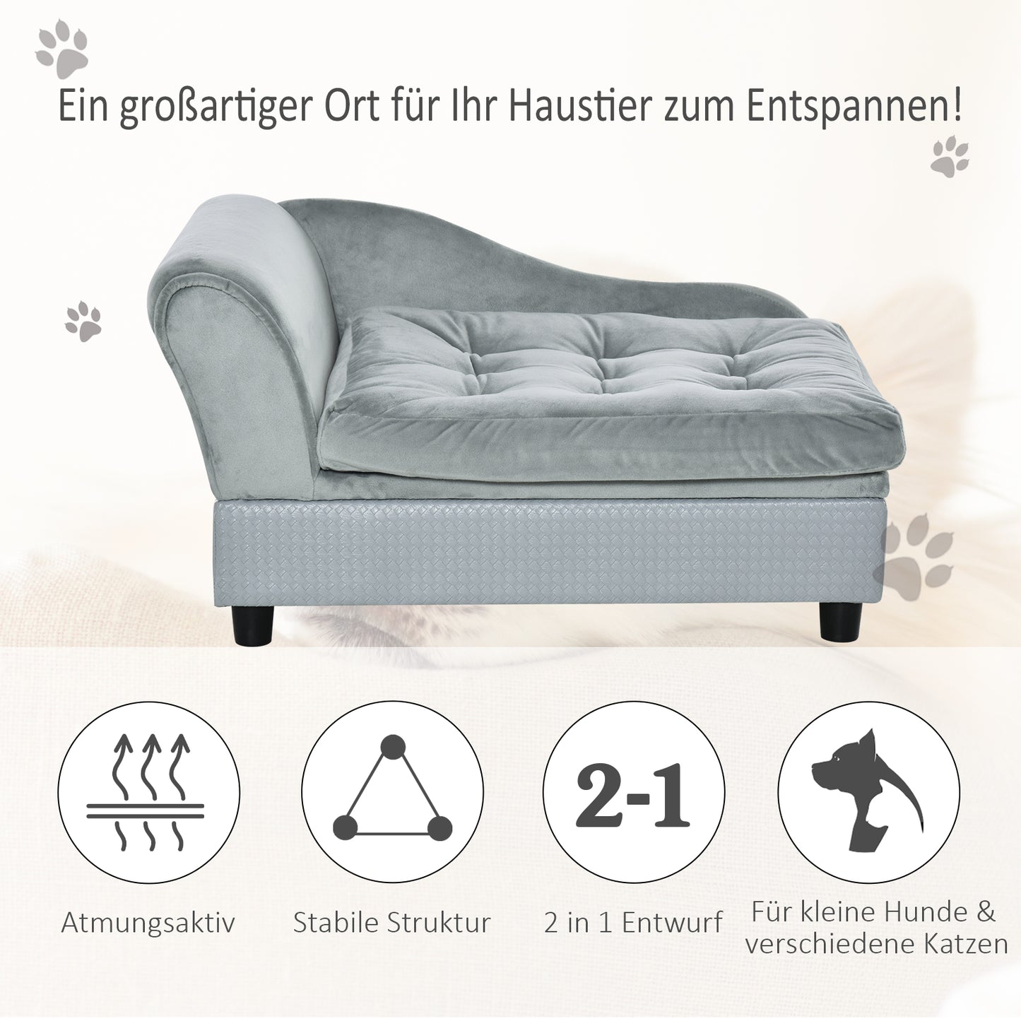 PawHut Haustiersofa mit Staurum, weichem Kissen, bis 15 kg Tragkraft, Plüschbezug, Hartholzrahmen, Hellgrau