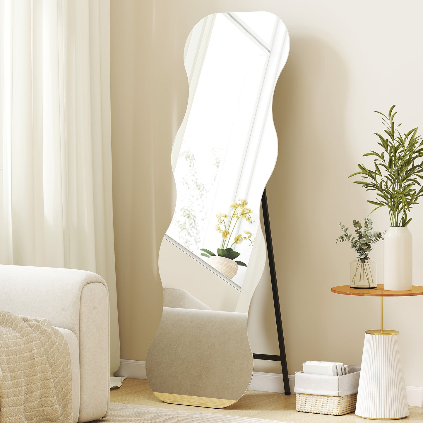 HOMCOM Ganzkörperspiegel ohne Rahmen, Holzbasis, flexibel platzierbar, Wellenform, Schwarz