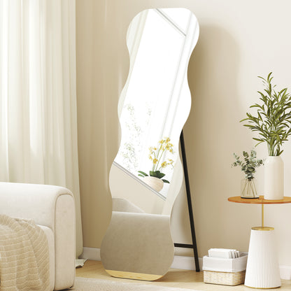 HOMCOM Ganzkörperspiegel ohne Rahmen, Holzbasis, flexibel platzierbar, Wellenform, Schwarz