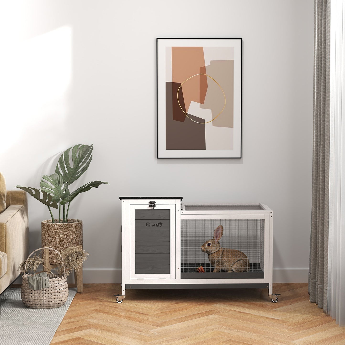 PawHut Kaninchenstall från Holz Hasenstall mit Freilaufgehege Rädern Klappdach für Innen, draußen 92 x 52 x 67 cm Dunkelgrau