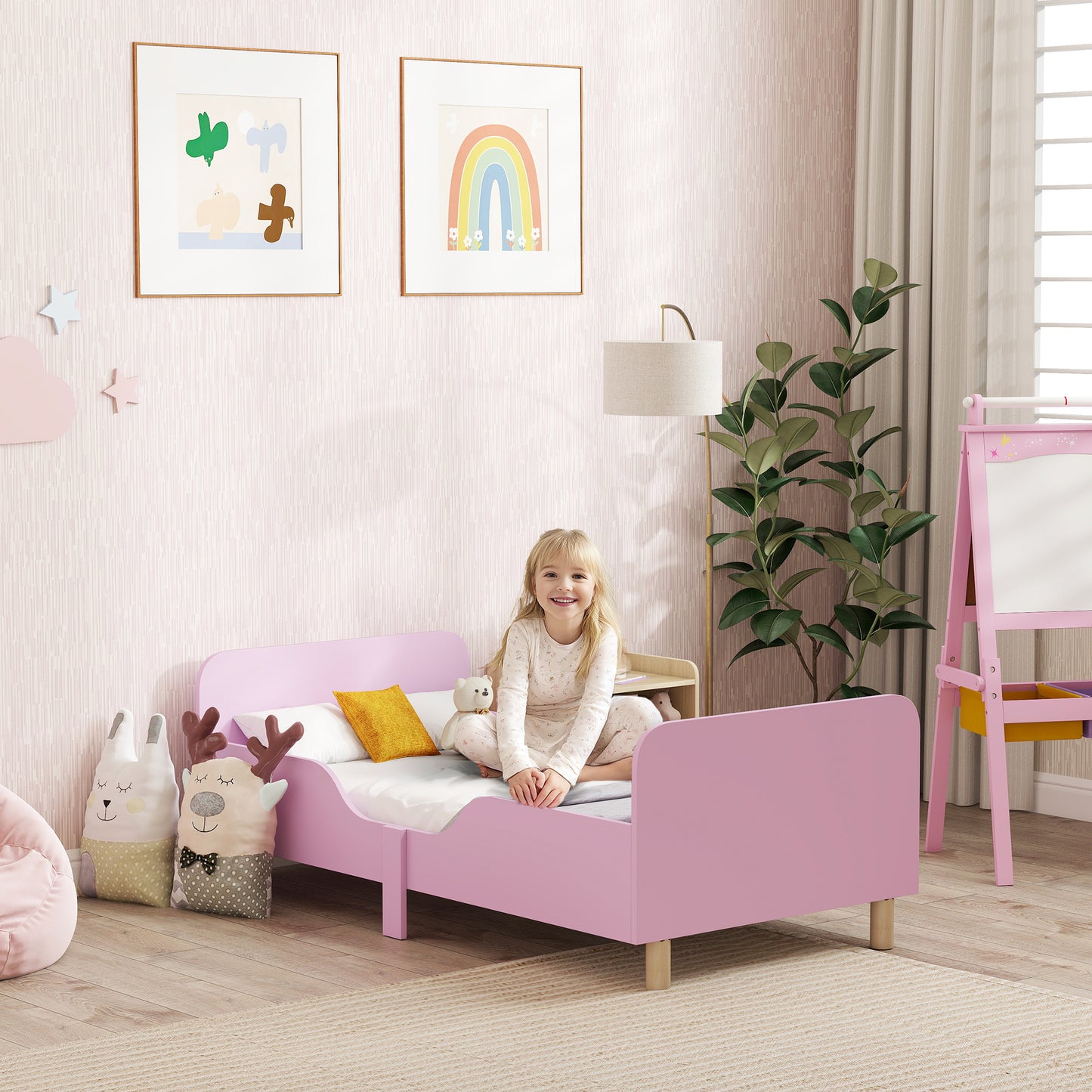 AIYAPLAY Kinderbettgestell, Einzelbettrahmen für Kinder, Schutzgitter, kleines Bett für Kinderzimmer, MDF, ohne Matratze, Rosa
