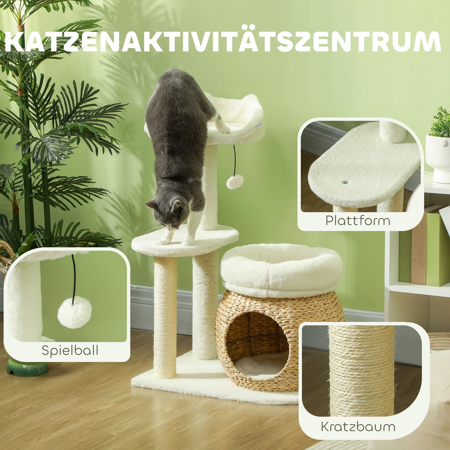 PawHut Kratzbaum mit Katzenhöhle, Spielball och Plattform, Schilfrohr/Sisal, bis 10 kg, 60 x 40 x 79 cm, Cremeweiß