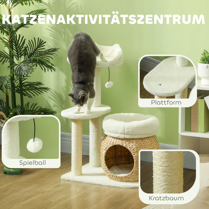 PawHut Kratzbaum mit Katzenhöhle, Spielball och Plattform, Schilfrohr/Sisal, bis 10 kg, 60 x 40 x 79 cm, Cremeweiß