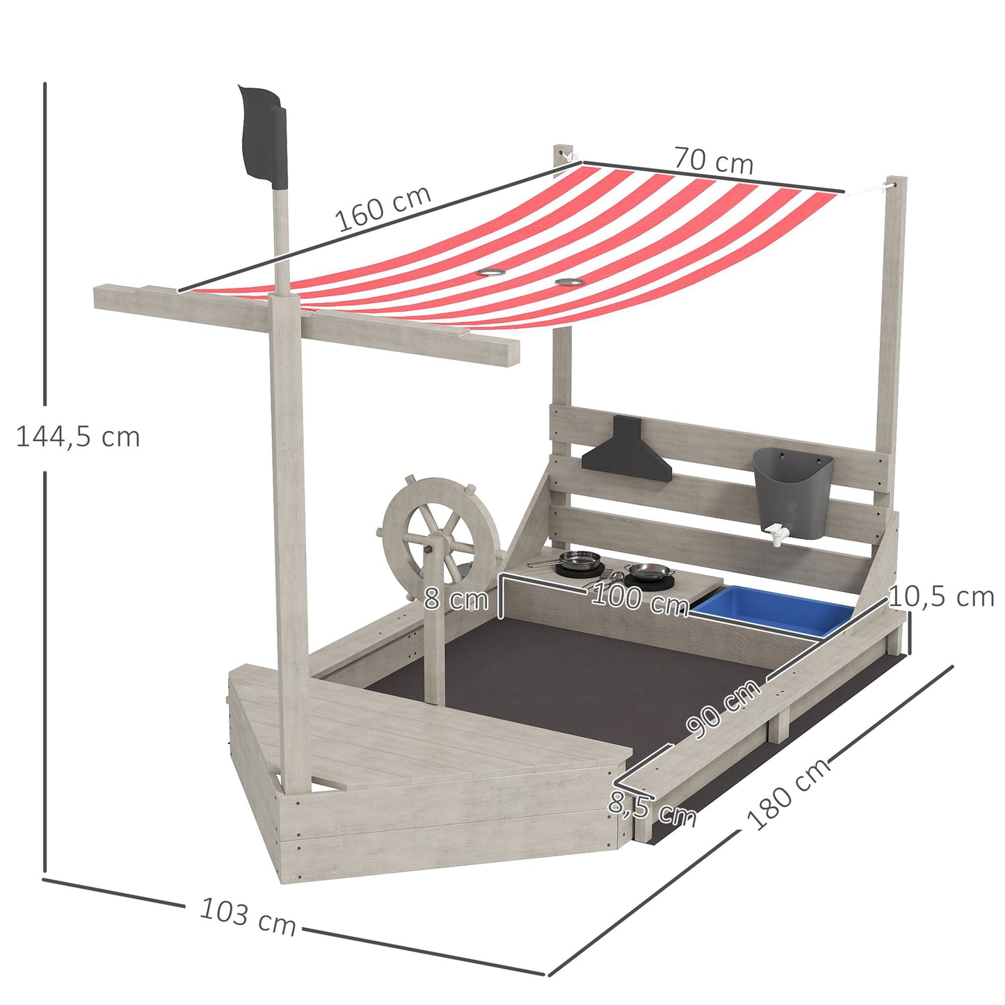 Outsunny Sandkasten mit Sonnendach Piratenschiff, inkl. Barnküchenspielset, Massivholz, 180 x 103 x 144,5 cm, Grau