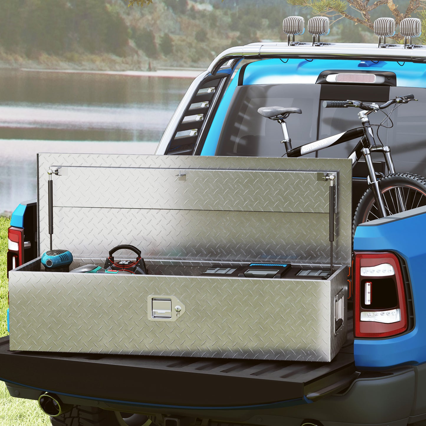 HOMCOM Stabile Aufbewahrungskiste aus Aluminium mit Seitengriffen, Schloss und Schlüsseln, Werkzeugkasten, 99 x 33 x 25,5 cm