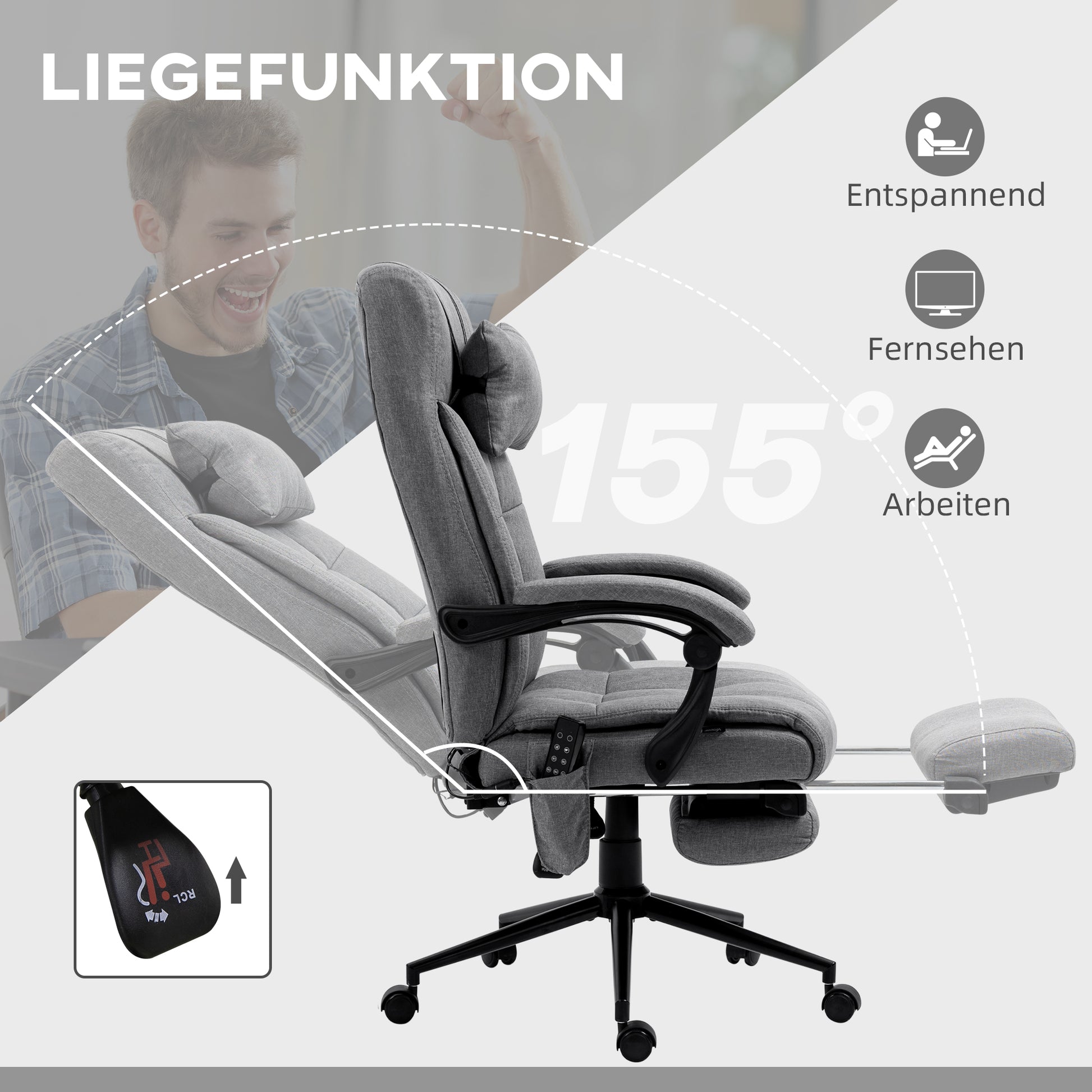 Vinsetto Bürostuhl mit Massagefunktion, ergonomisch, 66x76x112-120cm, Grau