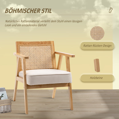 HOMCOM Exotischer Polsterstuhl, Kautschukholz, Sitzkissen in Leinenoptik, 63L x 69B x 78H cm, Cremeweiß