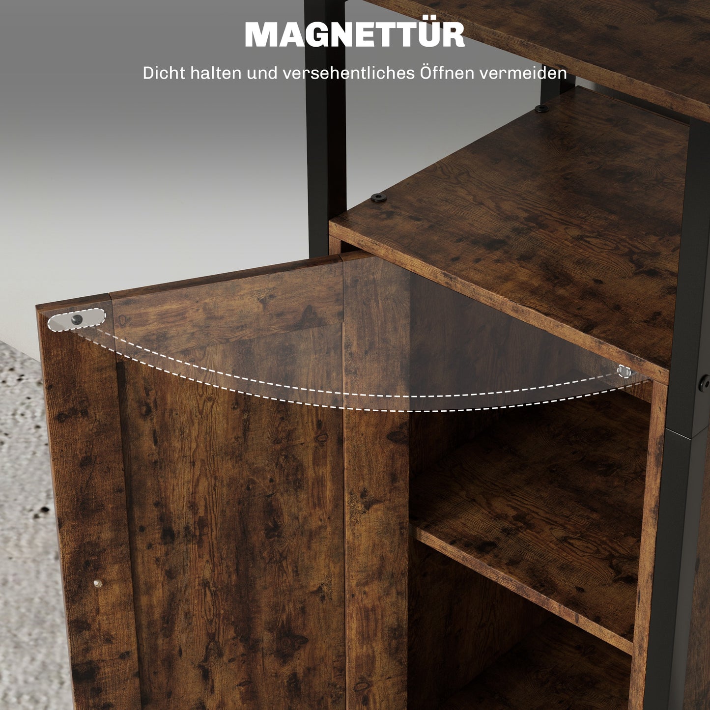 HOMCOM Beistelltisch mit Stauraum, 2 offene Regale, 3-stufig verstellbar, magnetische Tür, Braun