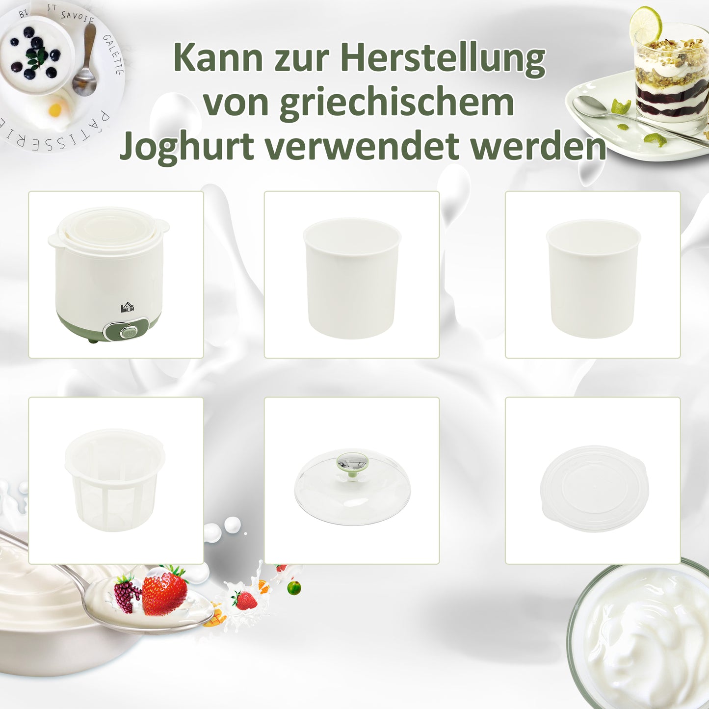 HOMCOM Joghurtbereiter, 1,5 L Joghurtmaschine mit 2 Gläsern, Sieb, Deckel, 20 W Joghurt-Maker für griechischen Joghurt, für 3–5 Personen, 19,5x17,5x21,4 cm, Weiß