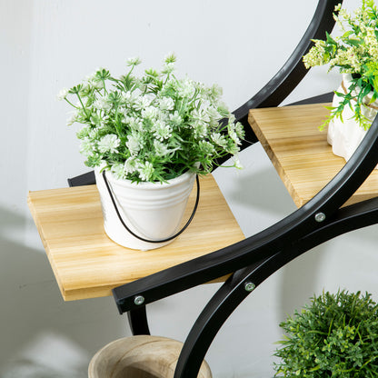 Outsunny Pflanzenständer mit 4 Regalen, Massivholz, wetterbeständig, 46 cm x 25 cm x 91 cm, Schwarz + Natur