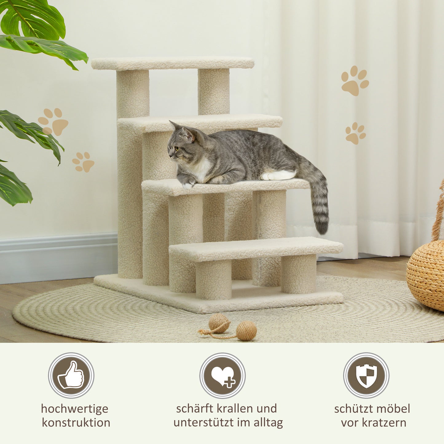 PawHut Katzentreppe 4 Stufen Tiertreppe Treppe für Katze Haustiertreppe Hundetreppe aus Plüsch 61 x 41 x 60 cm Cremeweiß