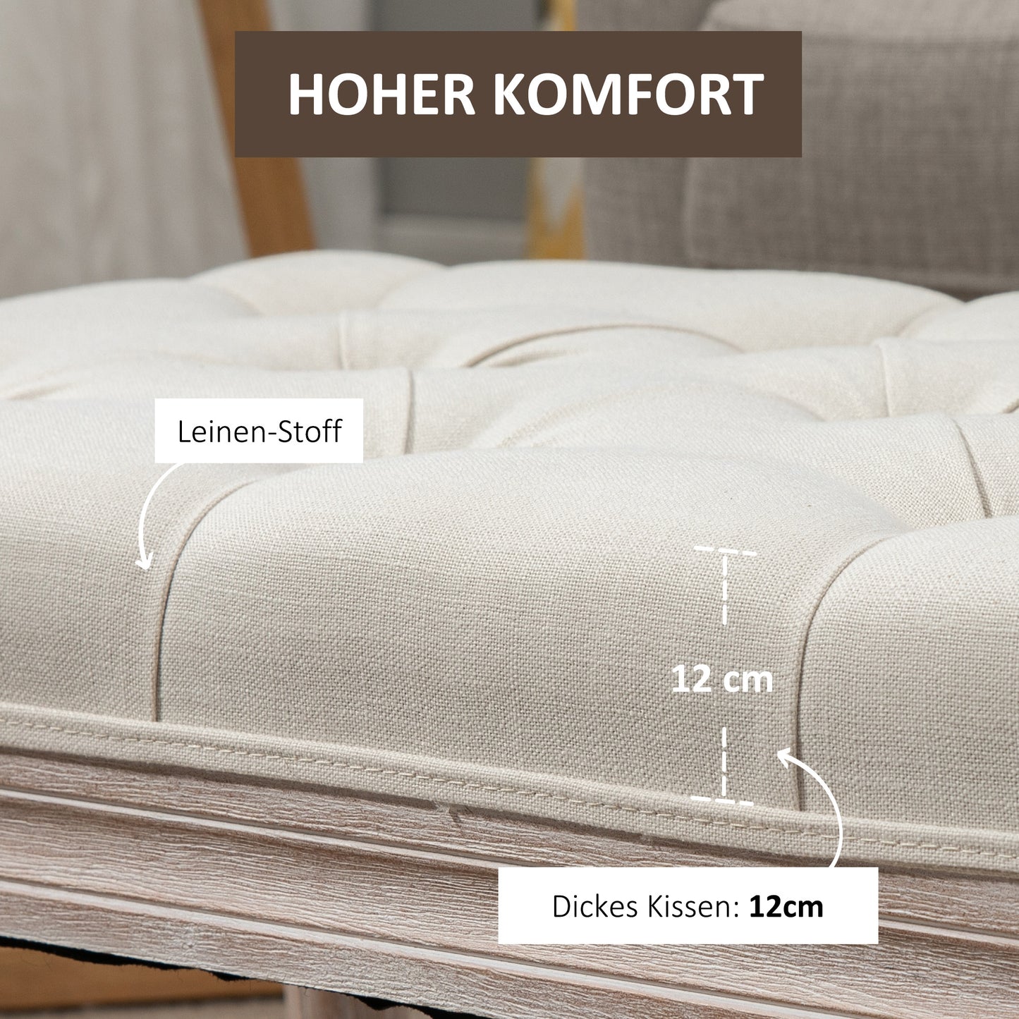 HOMCOM Gepolsterter Sitzhocker, Polsterbank, Fußhocker, Holz und Stoffbezug in Leinenoptik, 80L x 40B x 43H cm, Cremeweiß