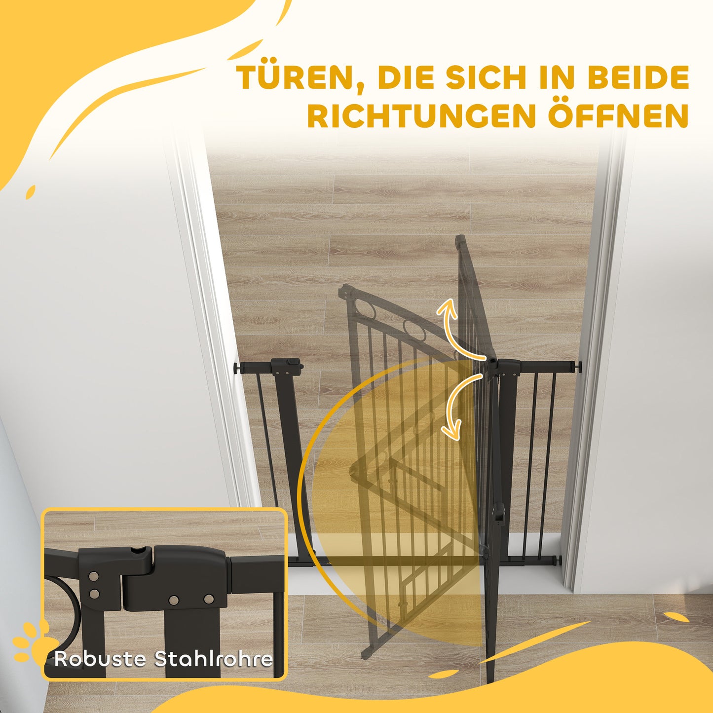 PawHut 106 cm hohes Haustiergitter med anpassbarer Breite, integrierte Katzentür, für Treppen och Türrahmen, Schwarz