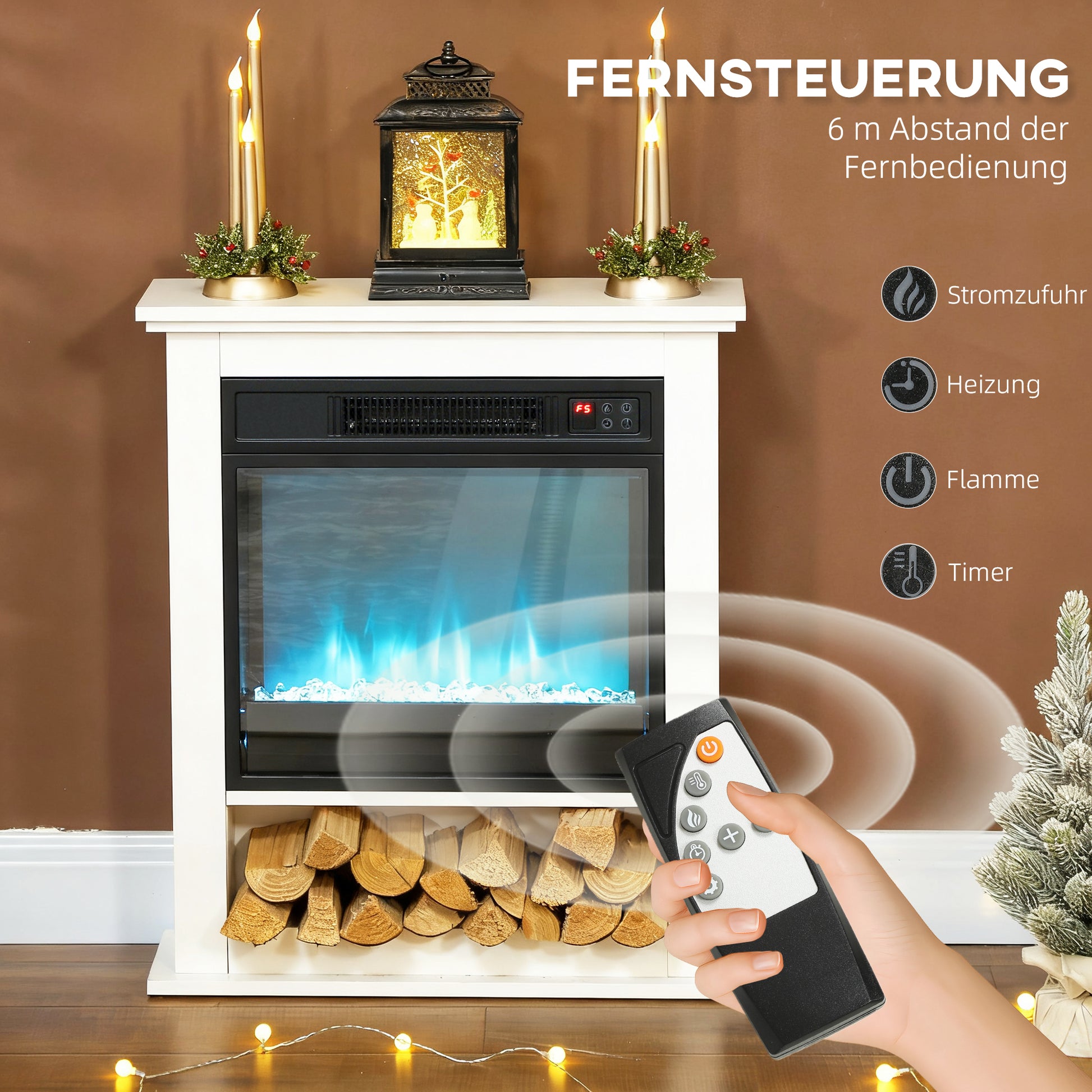 HOMCOM Elektrischer Kamin, realistische Flammen mit 9 Farben, verstellbare Helligkeit, 1800W, Fernbedienung, Timer, Weiß