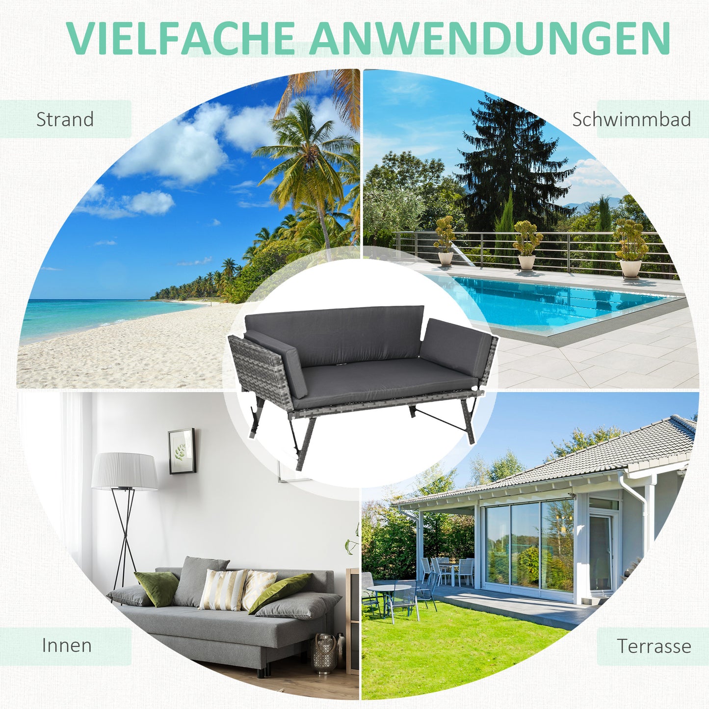 Outsunny Polyrattan Gartensoffa 2 Sitzer Gartenmöbel Loungesoffa Gartenbank Gartenliege klappbar Armlehnen Stahl Grau 129 x 63 x 67 cm