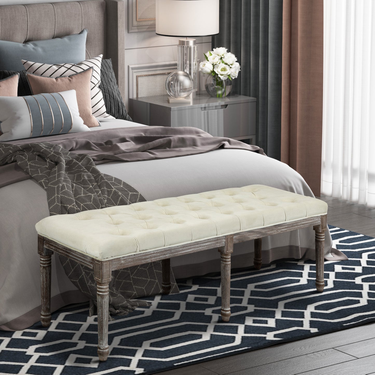 HOMCOM Polsterbank Sitzbank Vintage Bettbank mit Knöpfen Samtige Berührung Gummiholz Beige 142 x 47 x 51 cm