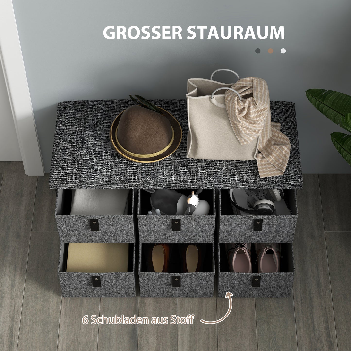 HOMCOM Gepolsterte Schuhbank, 6 Schuhfächer, MDF-Rahmen, Leinenoptik, Grau