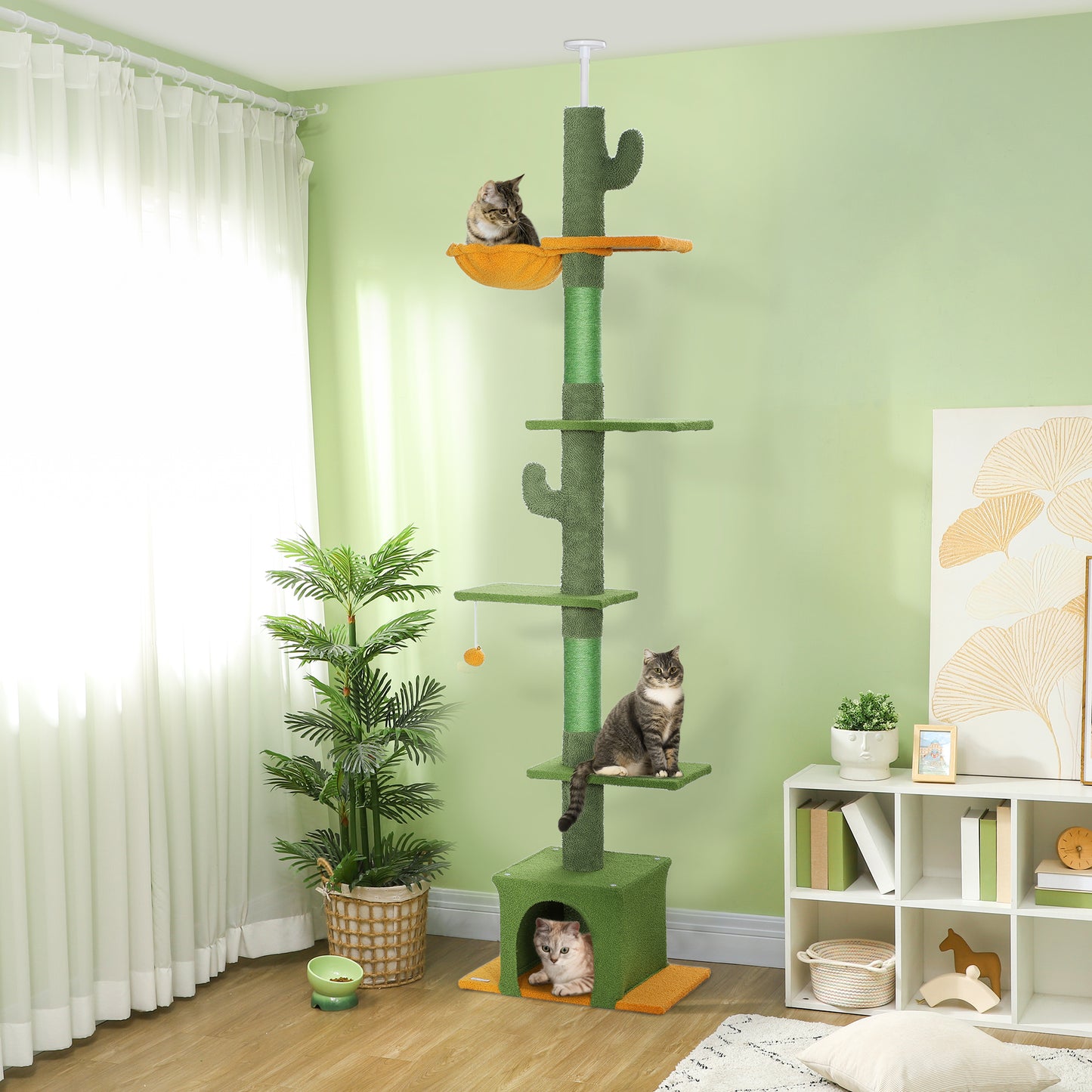 PawHut Höhenverstellbarer Kratzbaum 230-275 cm, platzsparend, Spielzentrum mit Hängematte, Grün