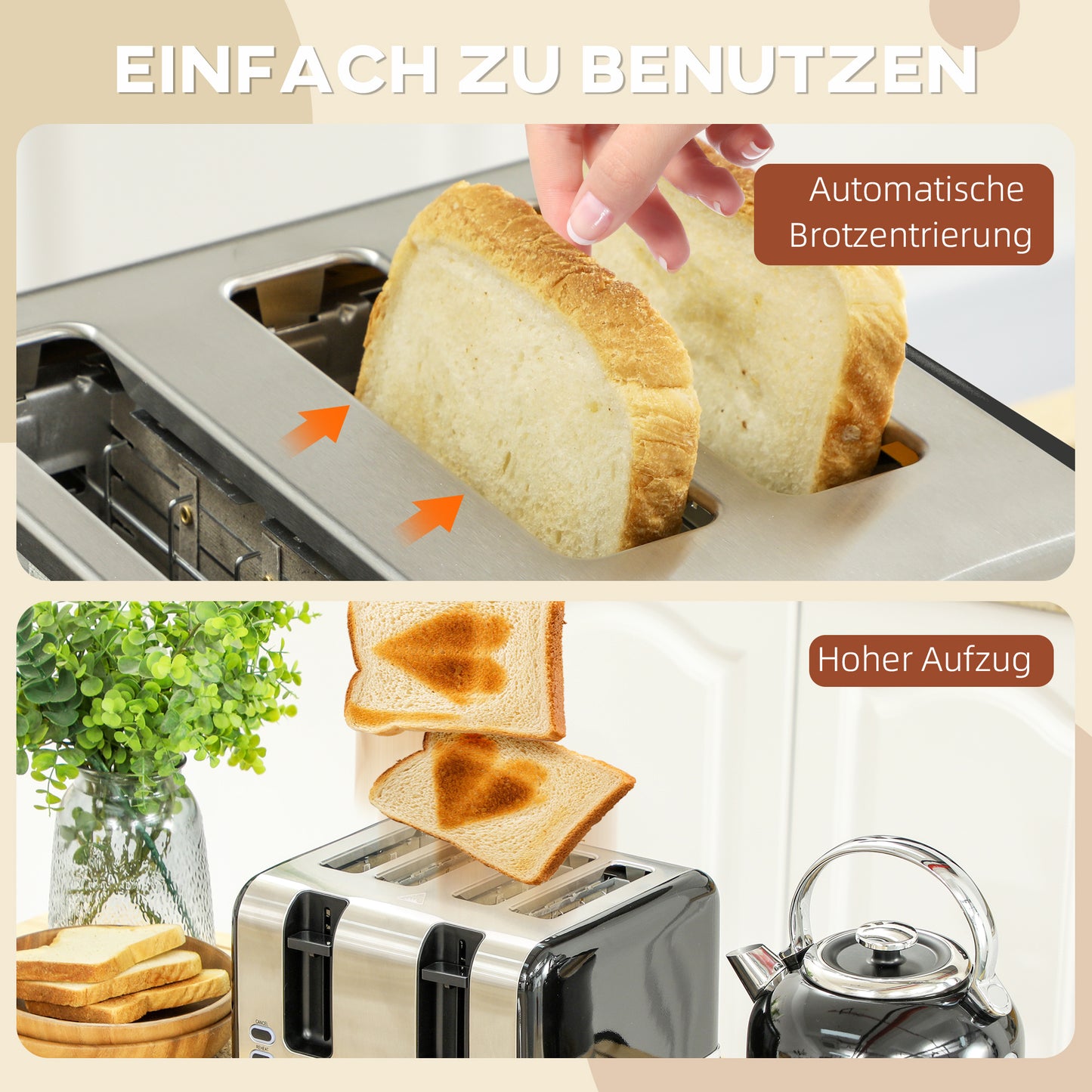 HOMCOM Wasserkocher- und Toaster-Set, 7 Bräunungsstufen, 1,7 L, Kunststoff, Edelstahl, Schwarz