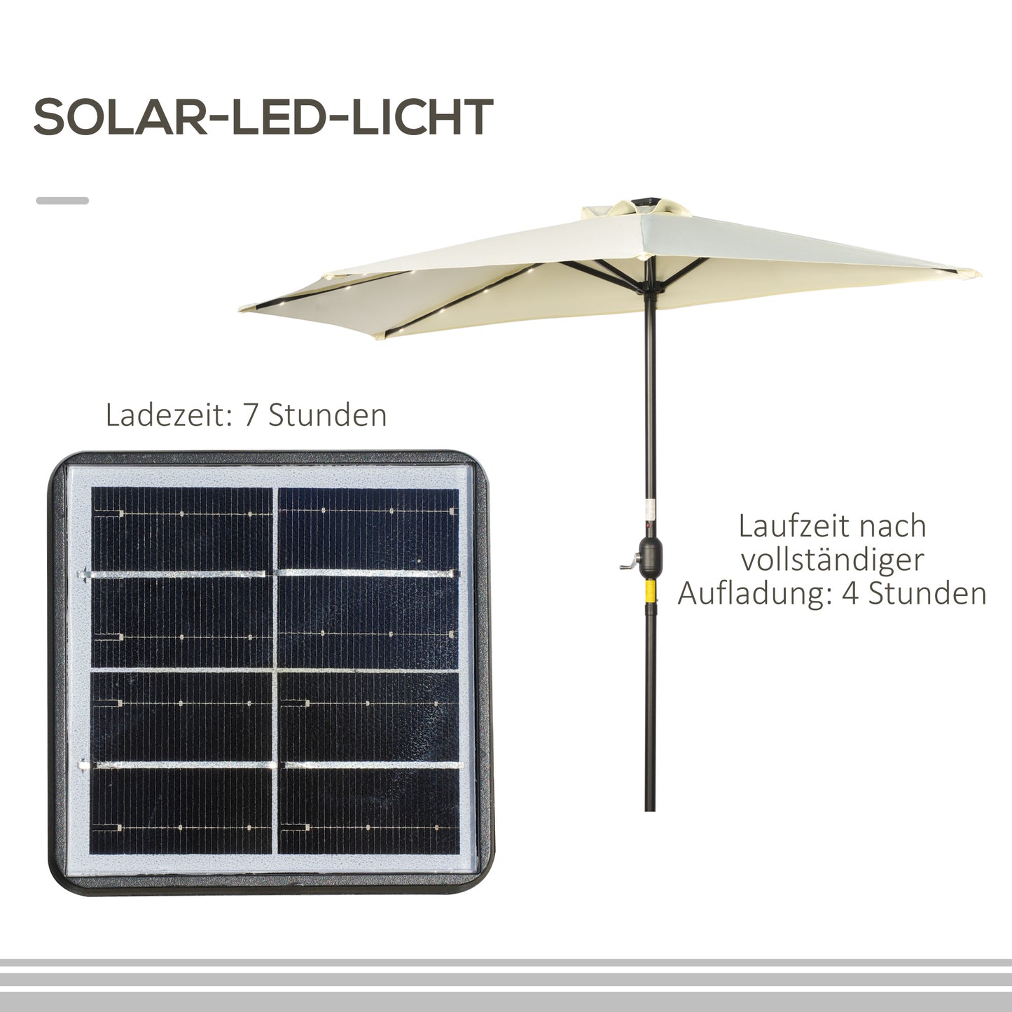 Outsunny Sonnenschirm, Terrassenschirm, halbrund, mit Solarpanel, 20 lysdioder, Handkurbel, beige, 2,70 x 1,35 x 2,40 m