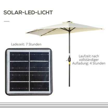 Outsunny Sonnenschirm, Terrassenschirm, halbrund, mit Solarpanel, 20 lysdioder, Handkurbel, beige, 2,70 x 1,35 x 2,40 m