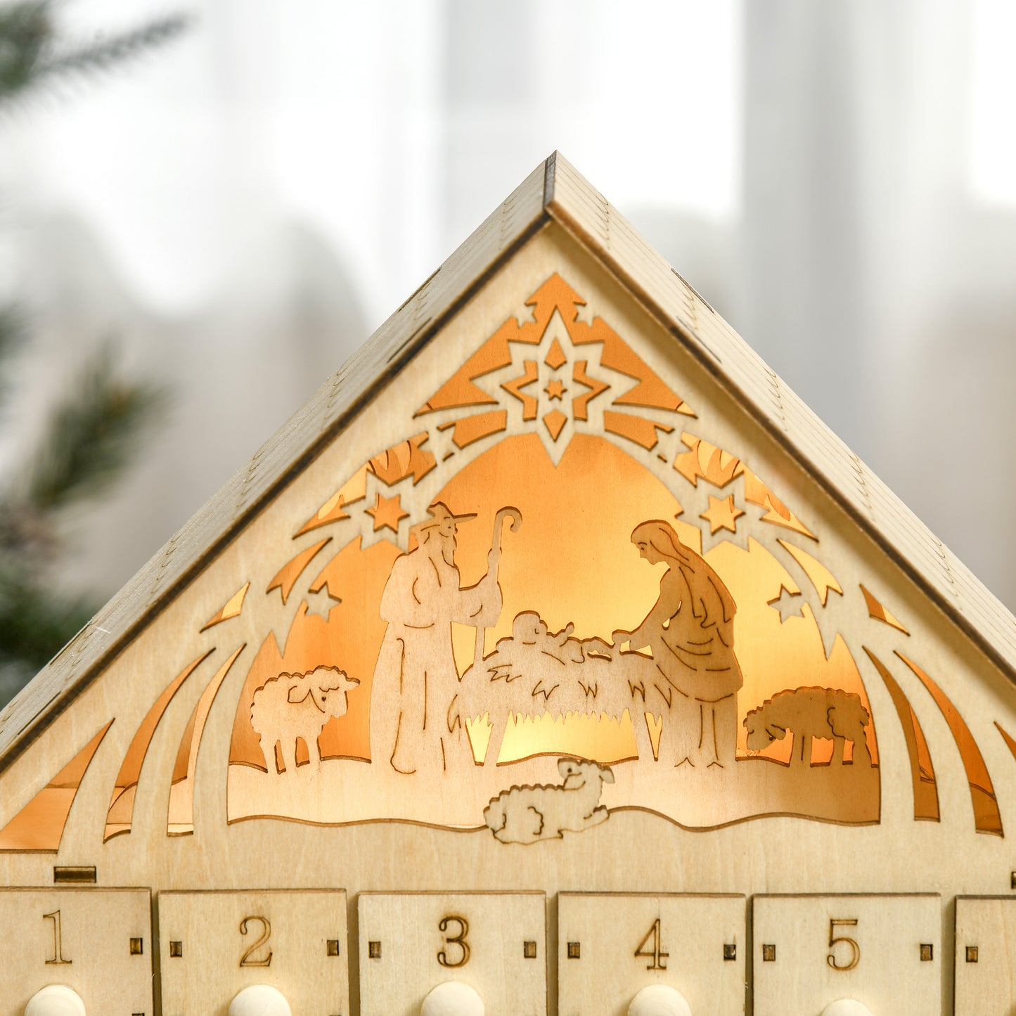 HOMCOM Adventskalender mit LED-Beleuchtung, 24 Schubladen, Krippenszene, 26,6x6x30 cm, Holzoptik