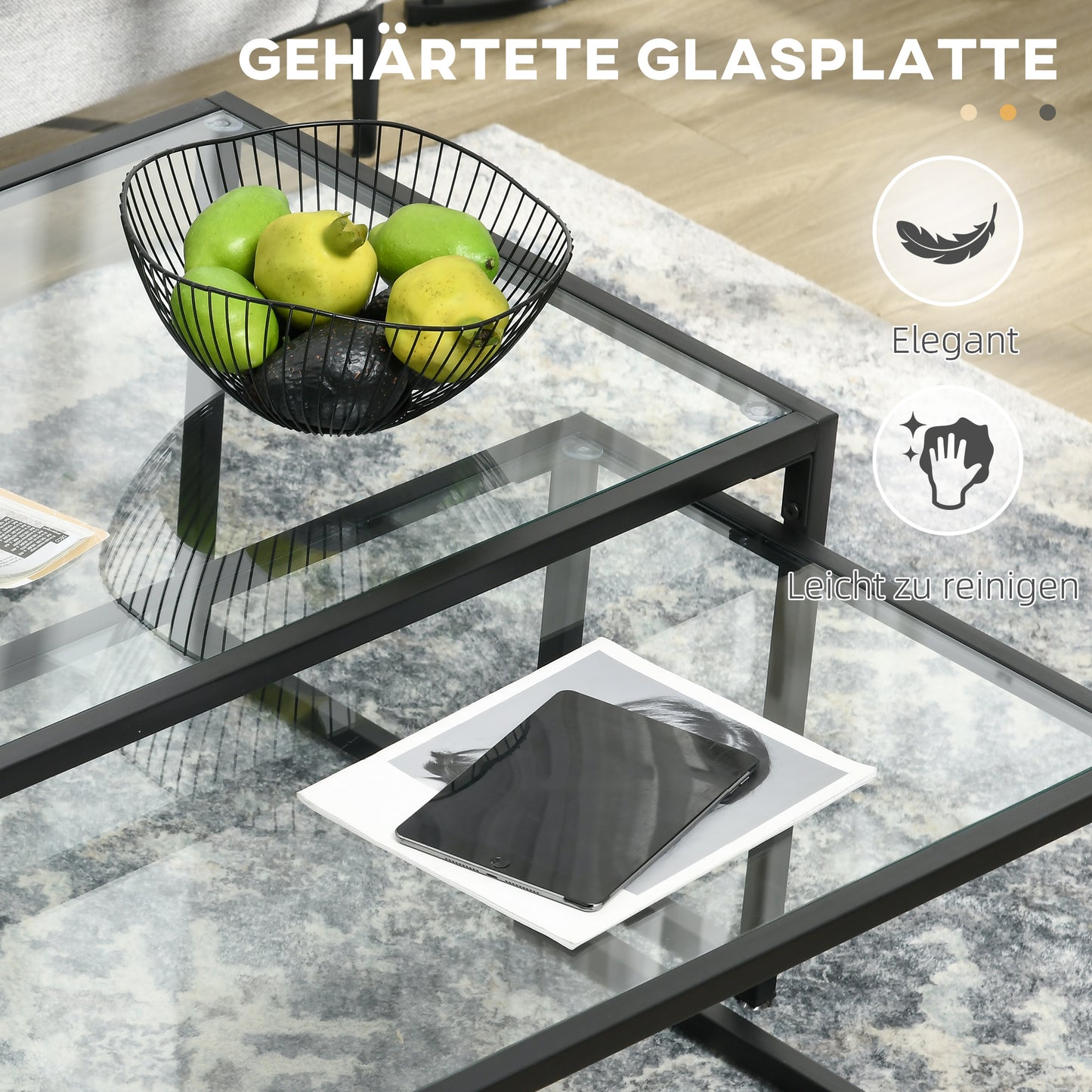 HOMCOM 2er-Set Couchtische, Glastische, mit pulverbeschichtetem Stahl, Schwarz + Transparent