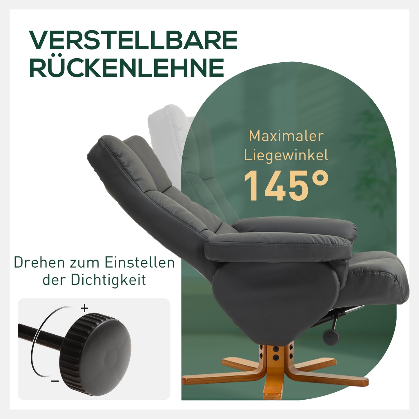 HOMCOM Relaxsessel mit Hocker, 145° neigbare Rückenlehne, 360° drehbar, Kunstleder, Dunkelgrau