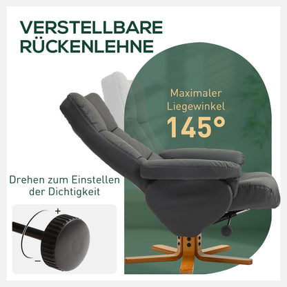 HOMCOM Relaxsessel mit Hocker, 145° neigbare Rückenlehne, 360° drehbar, Kunstleder, Dunkelgrau