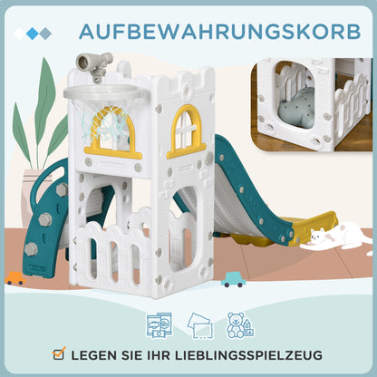 AIYAPLAY Kinderrutsche, 4 in 1, Kleinkinderrutsche mit Basketballkorb, Teleskop Klettergerüst Gelb 70 x 177 x 92 cm